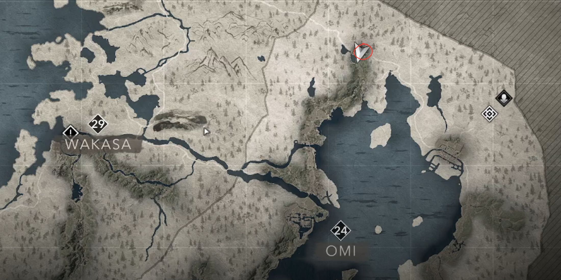 The Takashima Shores Jizo Statue location is circled on the AC Shadows map.