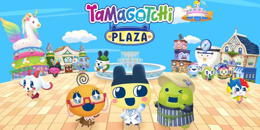 Key art of Tamagotchi Plaza for Nintendo Switch, showing characters smiling