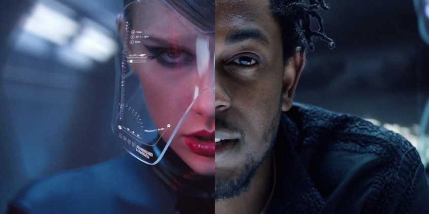 The background is blurred, you can see half of Taylor swift's face on the left, she has on red lip stick, a black top, and a clear mask covers her face, the right side is half of Kendrick lamar's face where you can see half of his gotee and medium length hair.