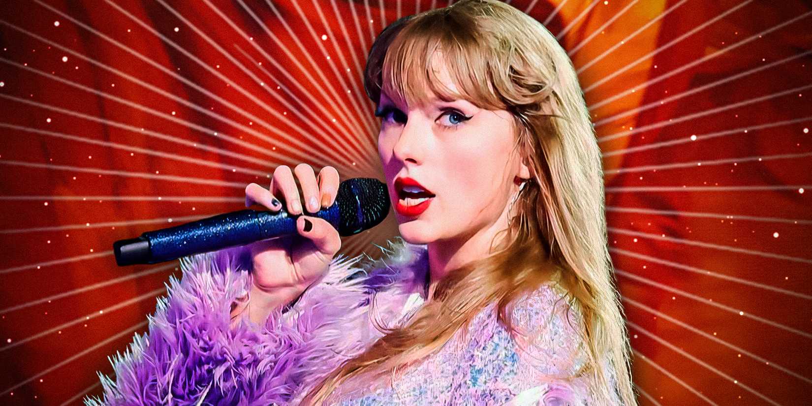 Taylor Swift performs during "Lavender Haze" on The Eras Tour, edited over a dynamic background.