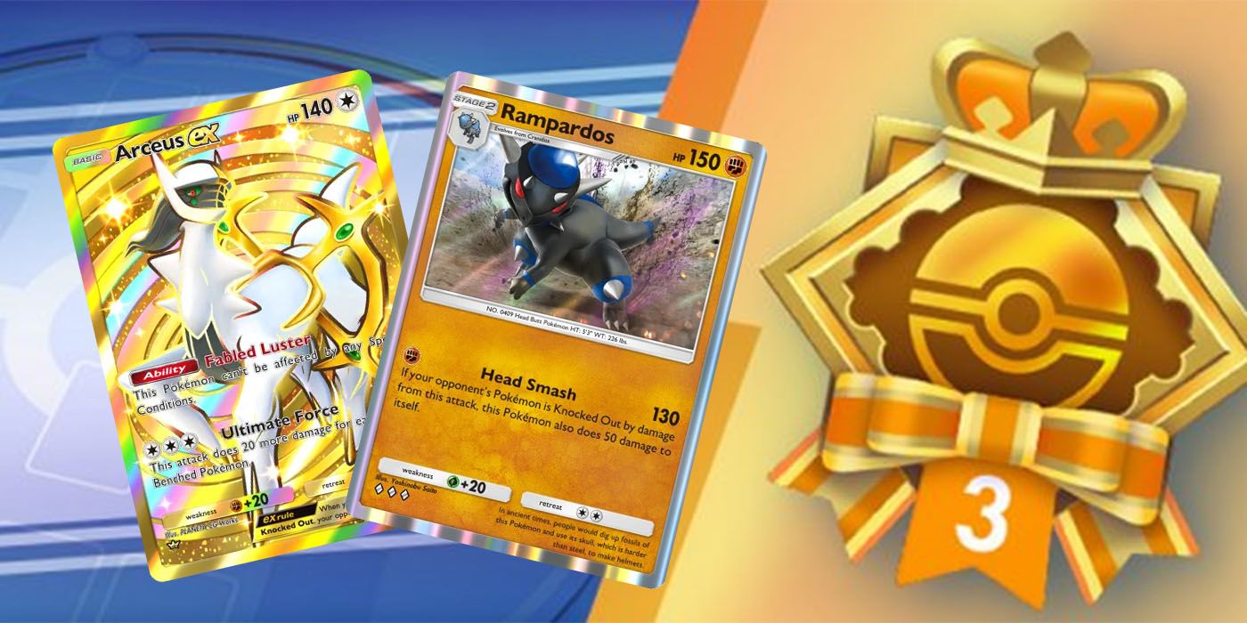 Arceus Ex and Rampardos next to a new emblem for Pokemon TCG Pocket