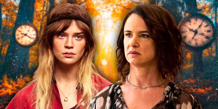 Sophie Thatcher as teen Natalie and Juliette Lewis as adult Natalie in Yellowjackets with clocks and trees as the background