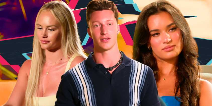 Temptation Island Ashley Moore, Grant Larsen, & Natalie Cruz in side by side images with different expressions