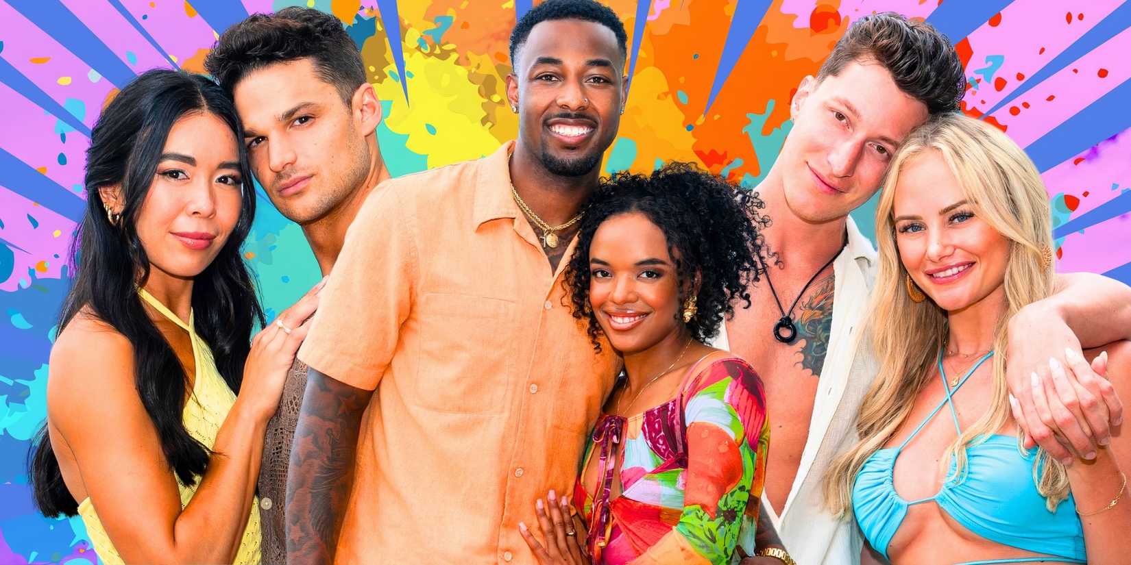 temptation island season 9 cast smilng in montage with paint splatter background