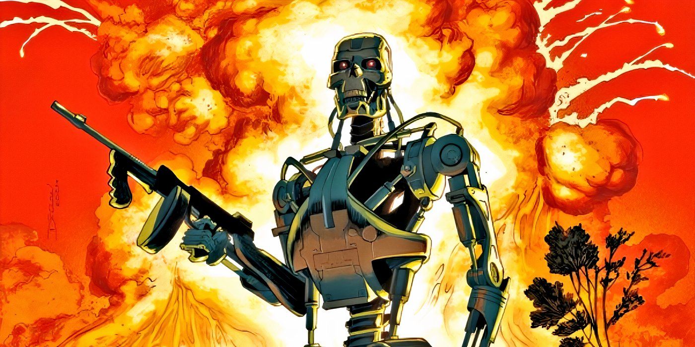 A T-800 Terminator holding a machine gun with an explosion behind it.