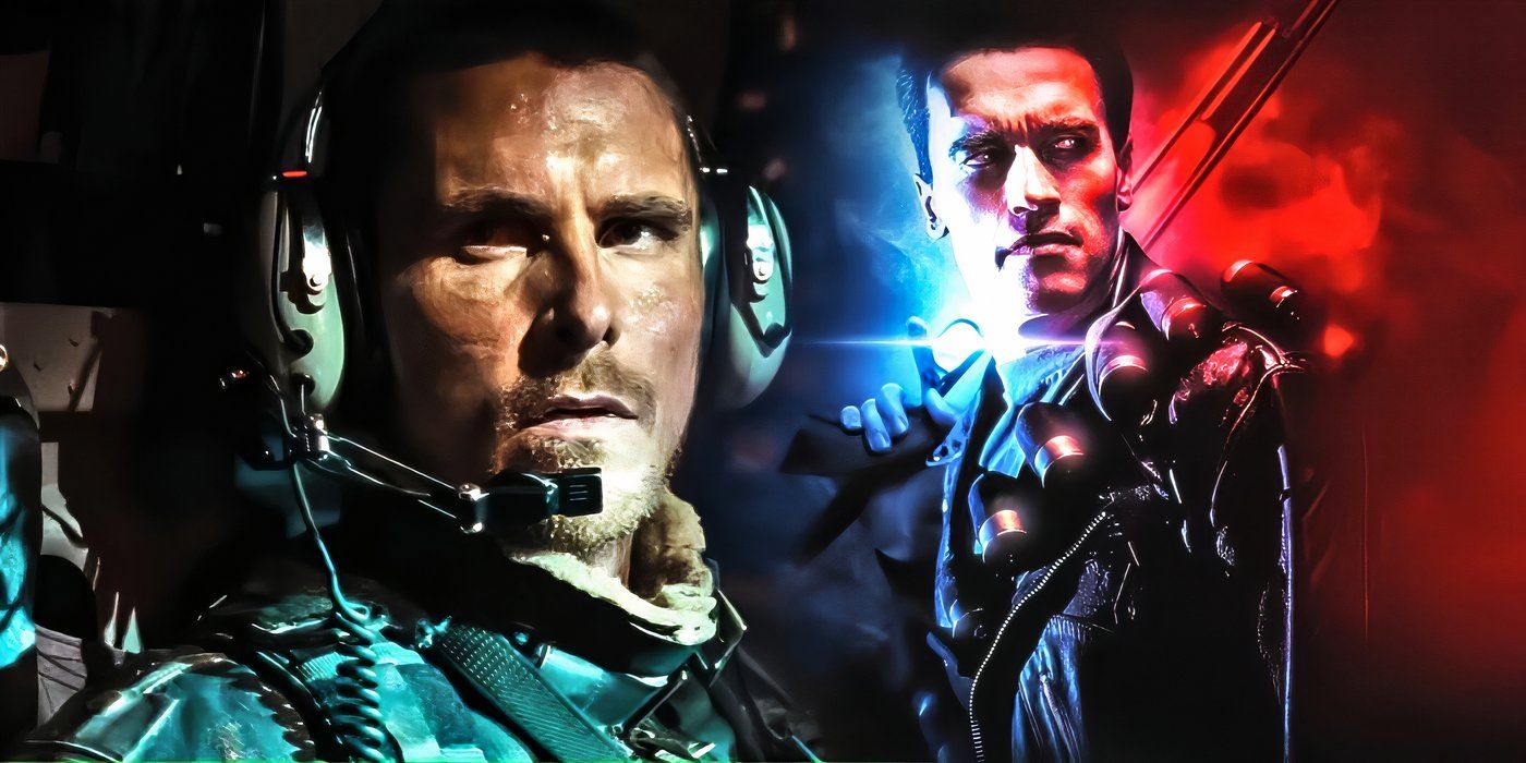Terminator&rsquo;s John Connor (Christian Bale) with a T-800 (Arnold Schwarzenegger) beside him.