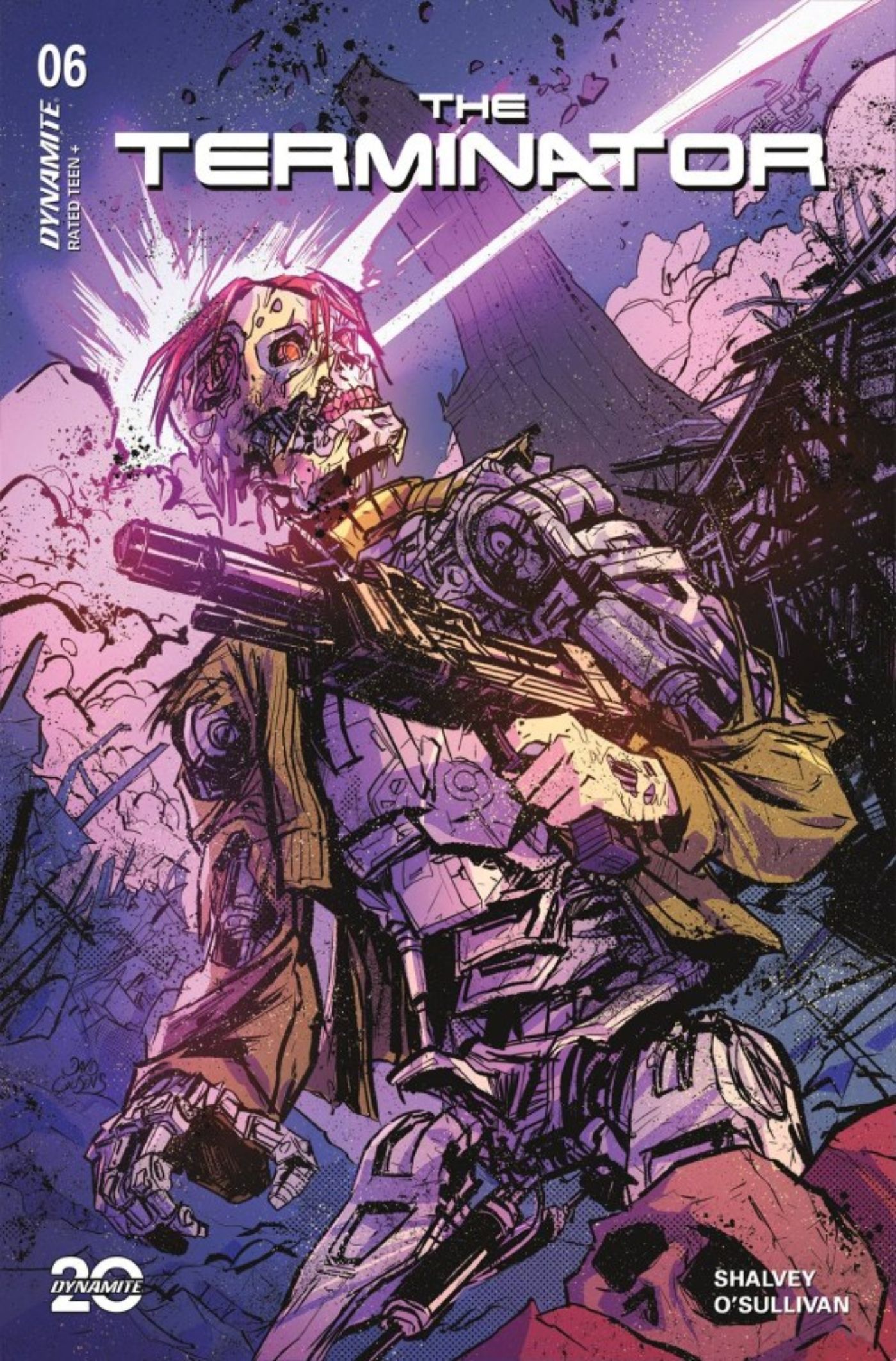 The Terminator #6 cover showing a T-600 Terminator with half the fake skin on its body torn off in the middle of a fire fight.