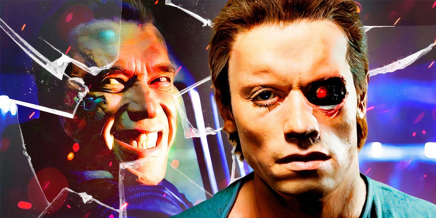 Two versions of Arnold Schwarzenegger's Terminator side-by-side, one smiling, one with a missing eyeball.
