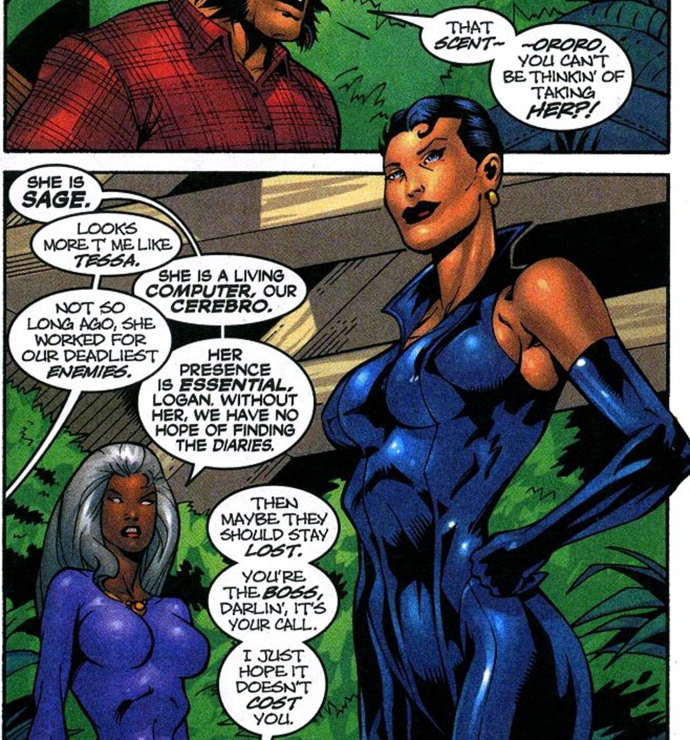 Tessa debuts her new codename Sage as Wolverine smells her and Storm introduces her in X-Men #109