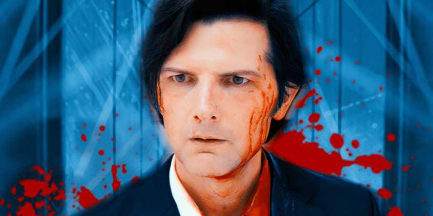 Mark Scout with blood on his face in Severance season 2, episode 10 (2025) above a blood-strained background