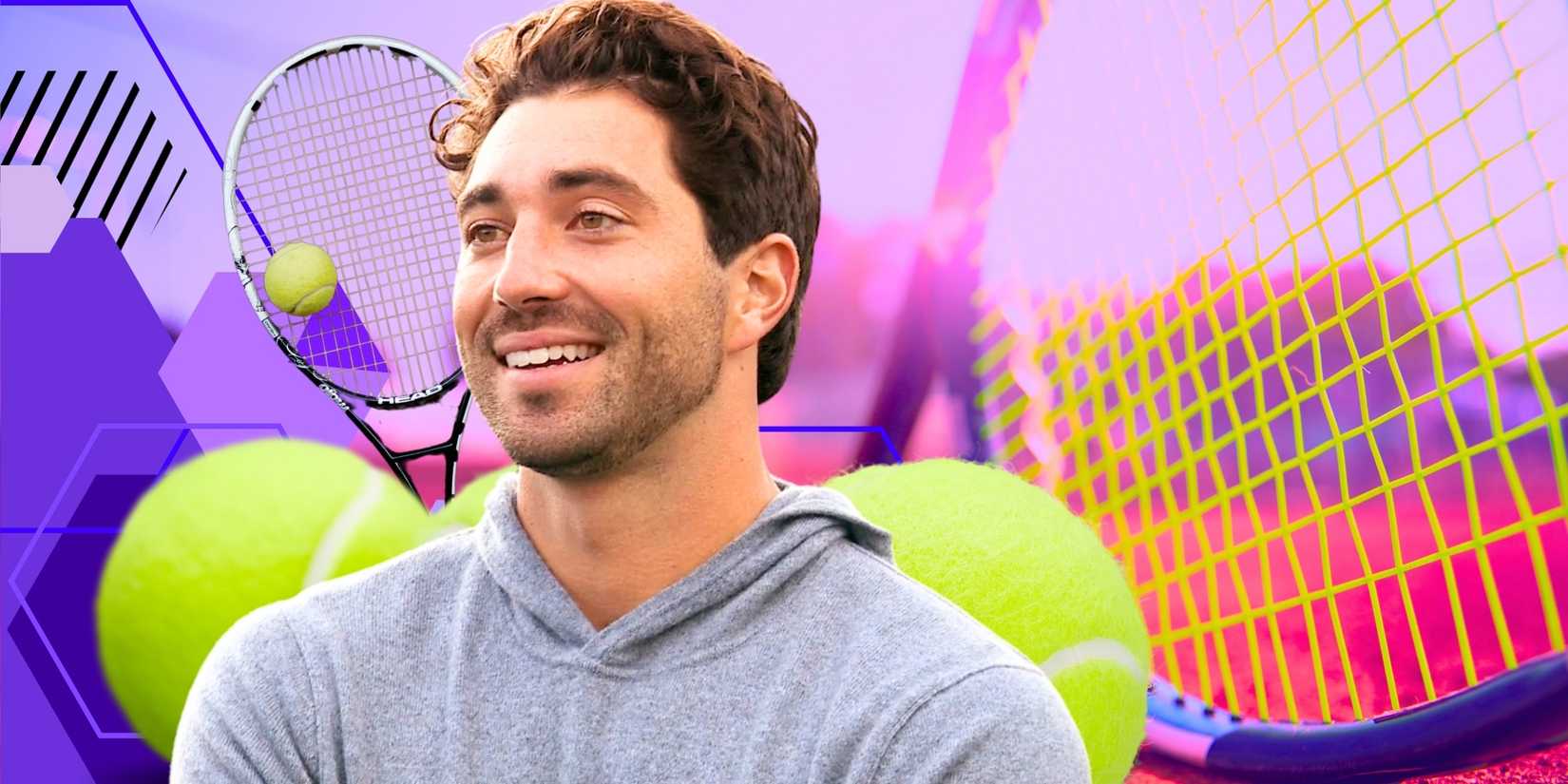 The Bachelor’s Joey Graziadei smiles in front of tennis balls and rackets.