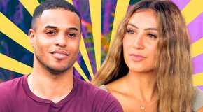 The Bachelor’s Grant Ellis with a slight smile and Juliana Pasquarosa looks serious.