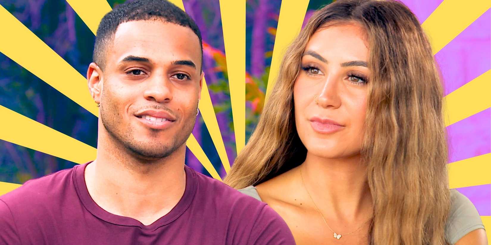 The Bachelor’s Grant Ellis with a slight smile and Juliana Pasquarosa looks serious.