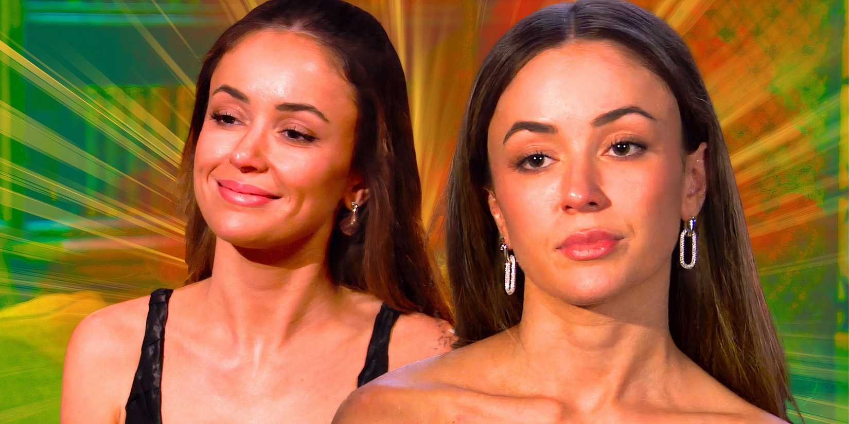 The Bachelor Season 29 star Carolina Sofia in two haughty poses with green and orange background