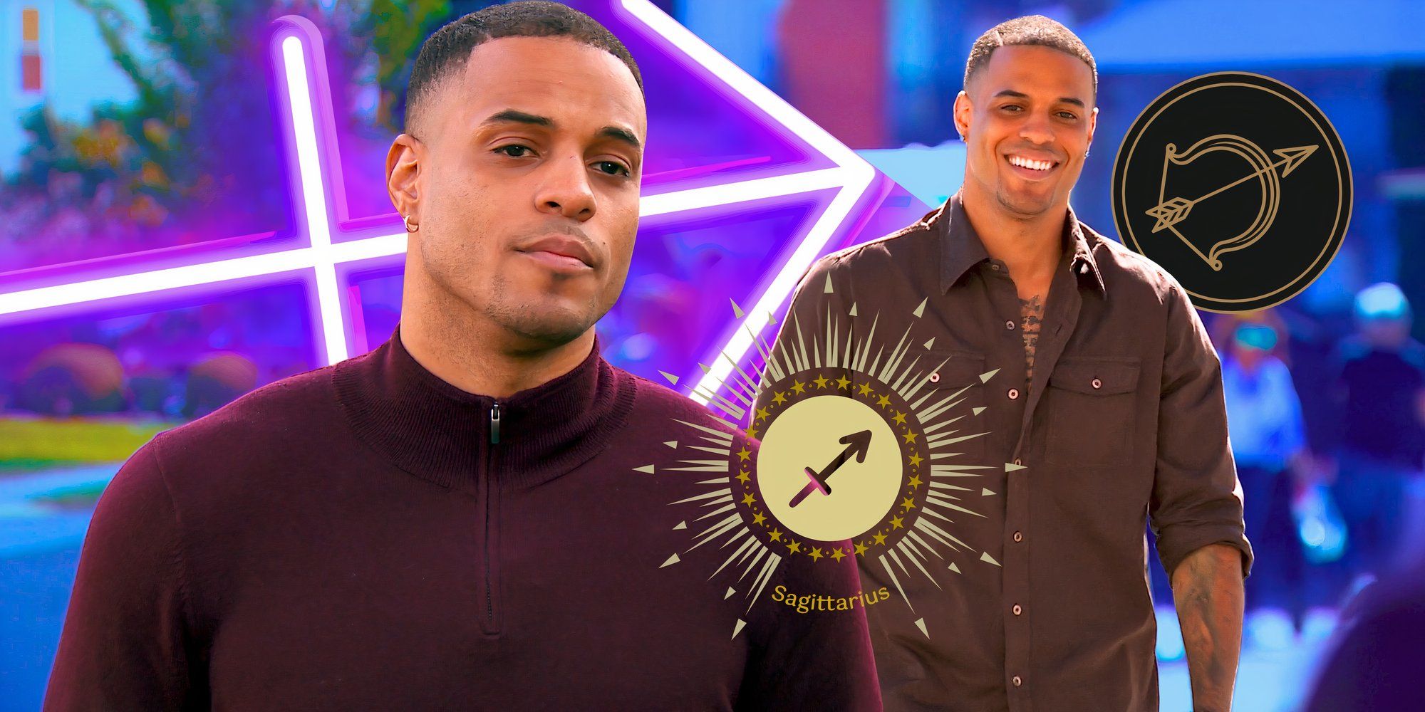 the bachelor season 29 star grant ellis in a montage with two happy poses and sagittarius symbol
