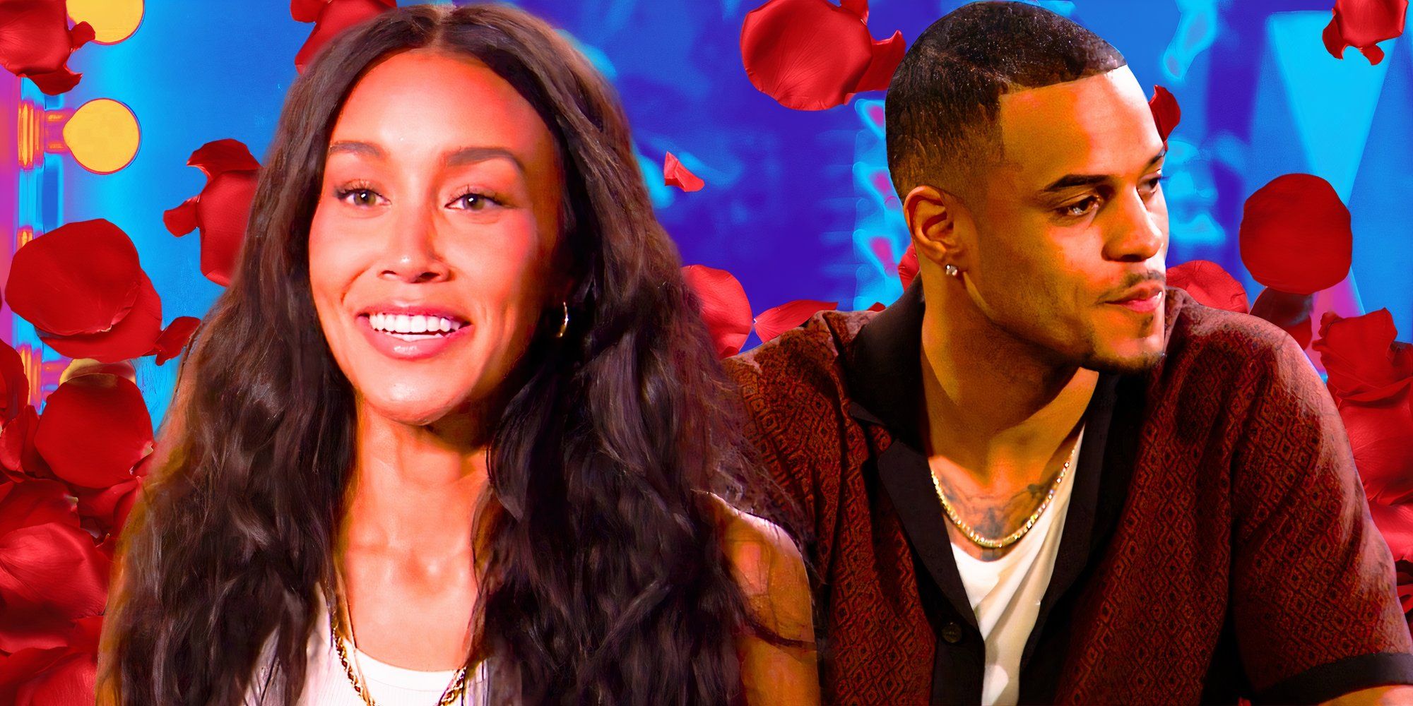 the bachelor season 29 star grant ellis in montage with litia garr with both smiling and rose petals