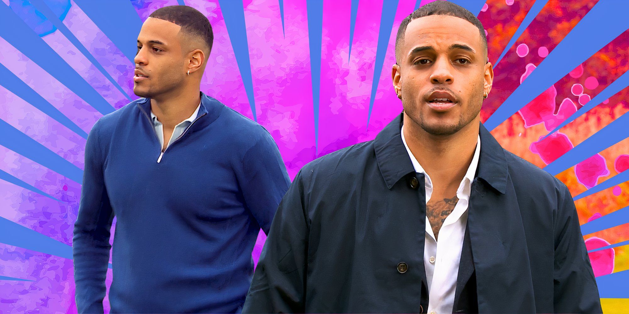 the bachelor season 29 star grant ellis in two dark outfits looking serious with psychedlic background