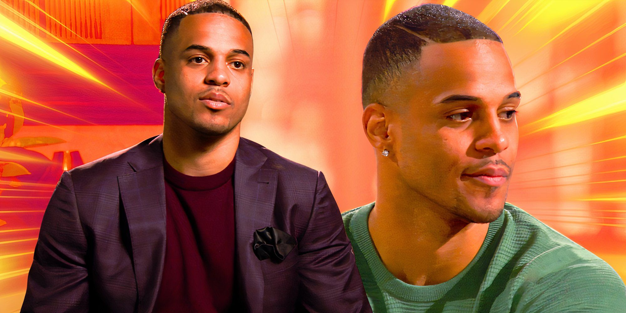 the bachelor season 29 star grant ellis in two serious poses with an orange sunburst background