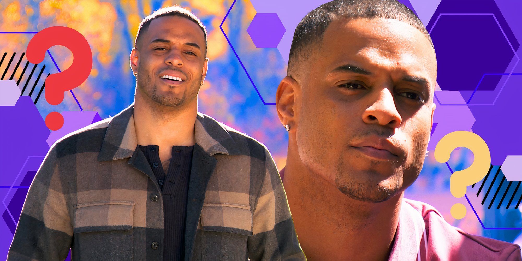 The Bachelor Season 29 star Grant Ellis looking serious in two shots in montage with purple shapes and question marks