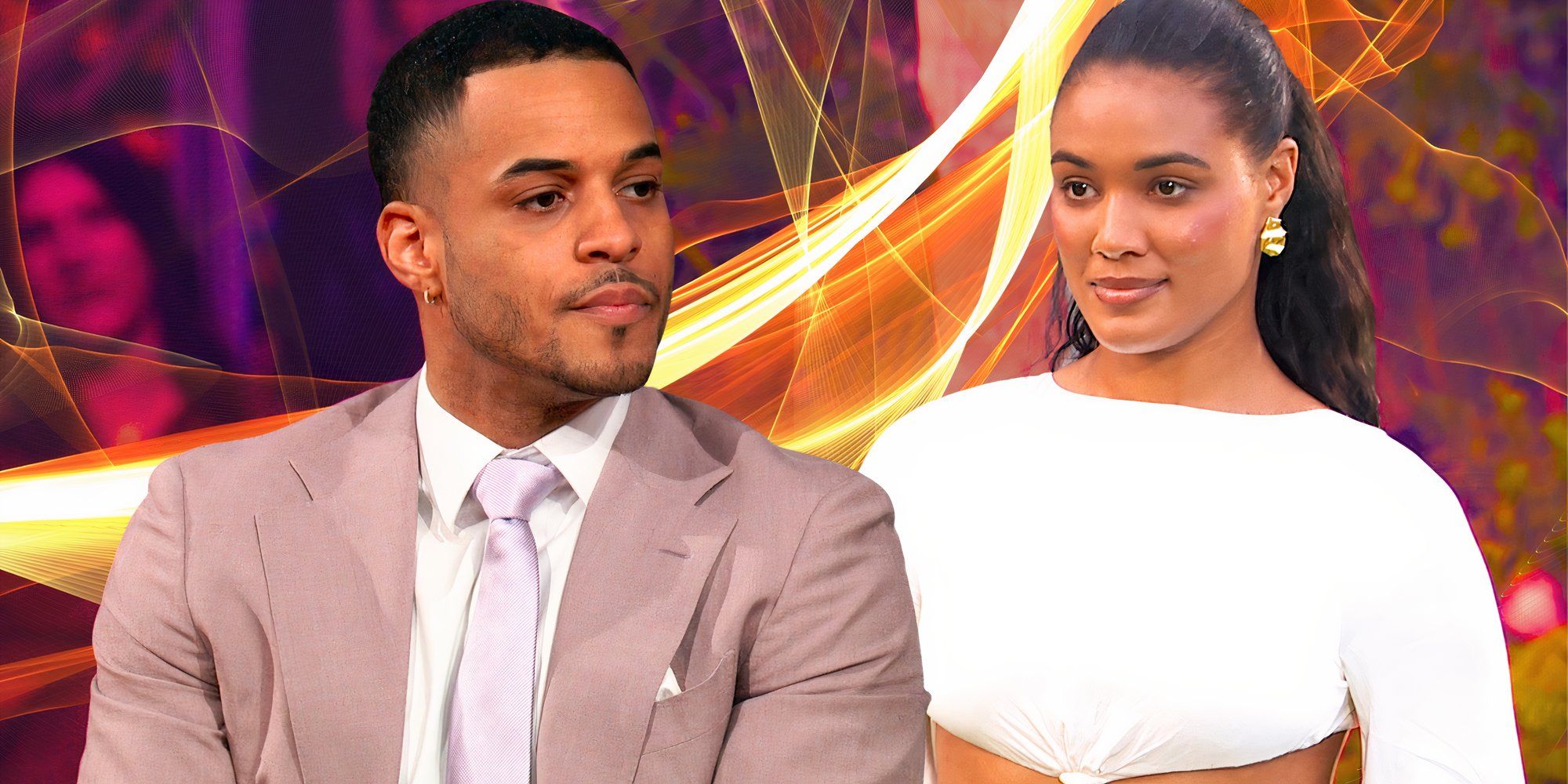 the bachelor season 29 stars zoe mcgrady and grant ellis with him serious and her smilng and warm toned background