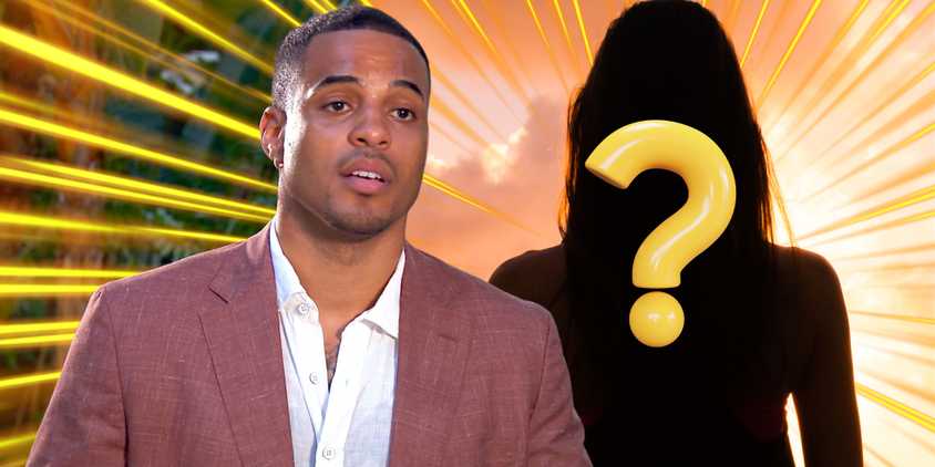 The Bachelor's Grant Ellis with a stressed-out expression next to a mystery woman.