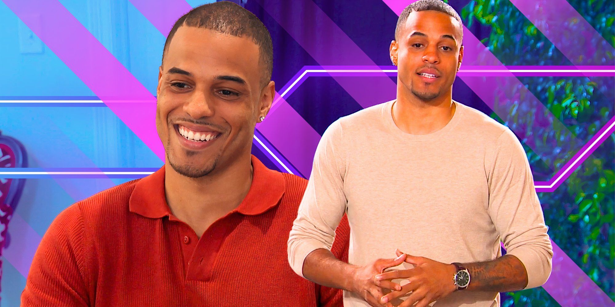 The Bachelor star Grant Ellis in smiling and serious poses with blue and purple background