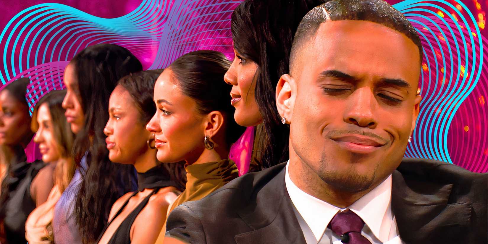 the bachelor star grant ellis with his eyes closed in front of female cast members