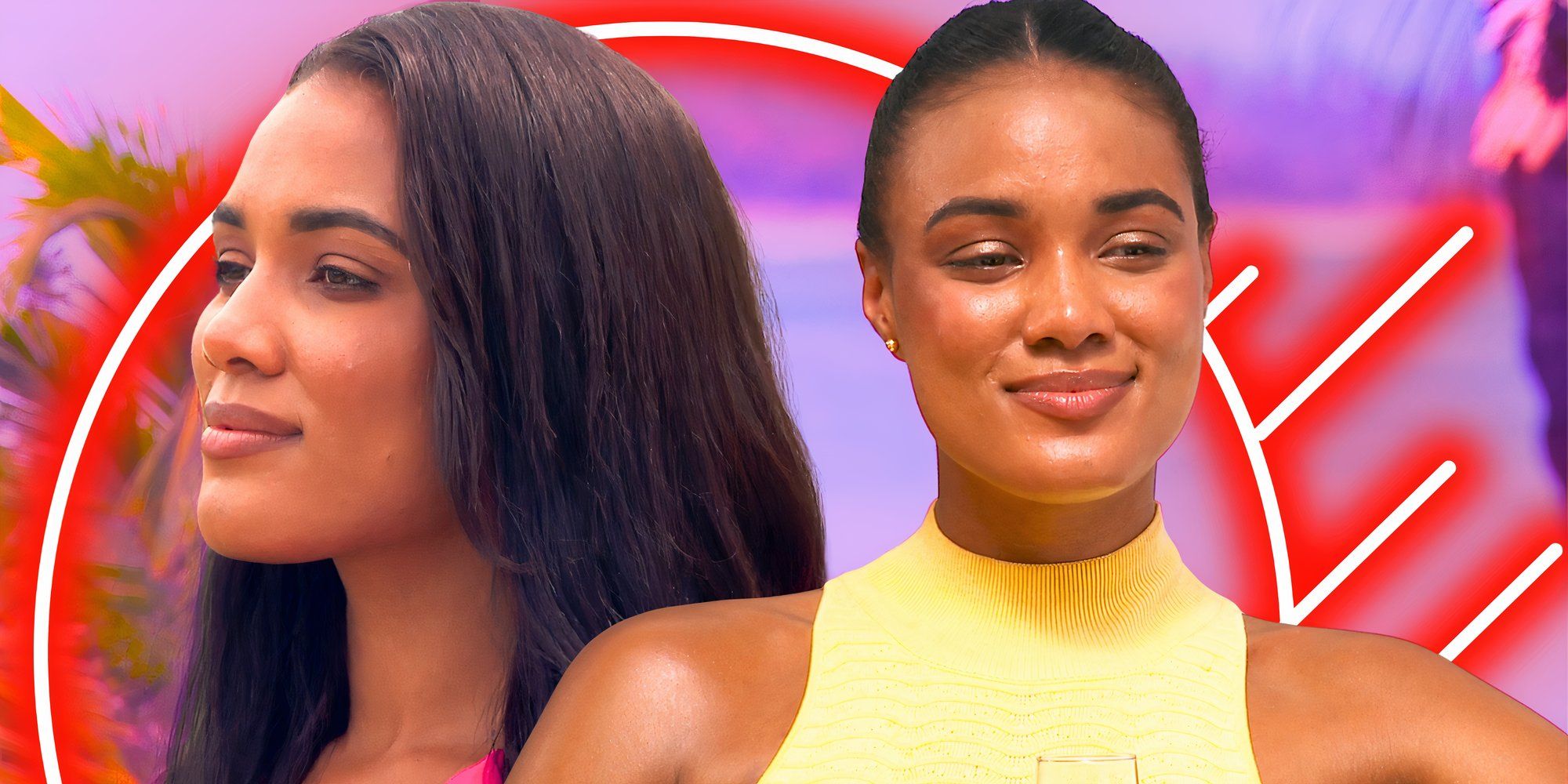the bachelor star zoe mcgrady in montage with two smiling poses with red and purple background