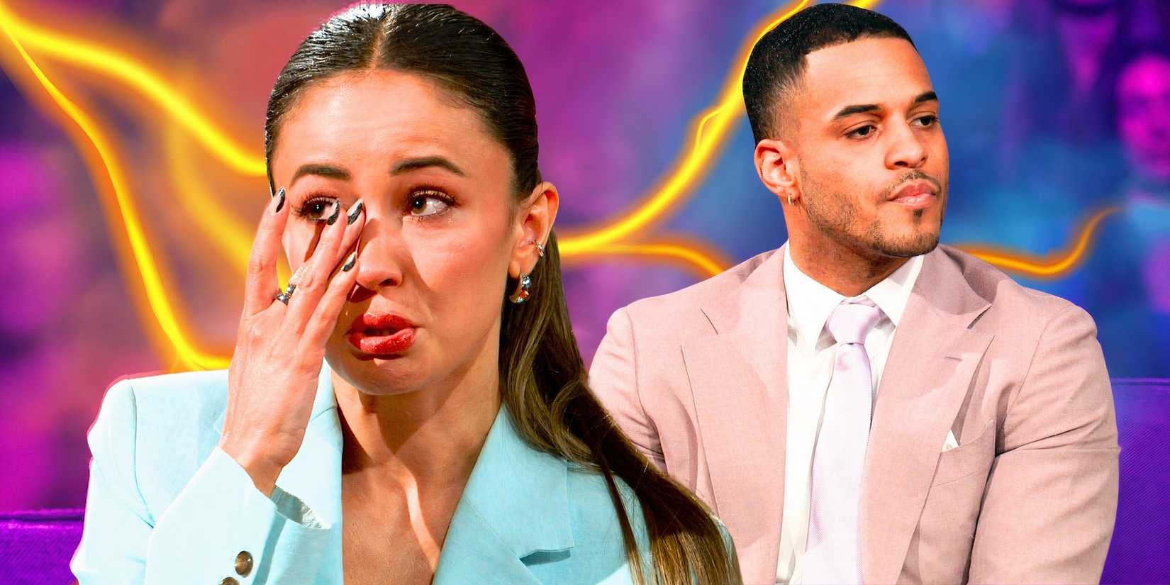 the bachelor stars carolina sofia and grant ellis with her crying and him looking away and neon accents