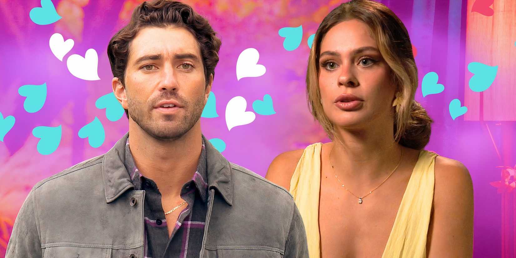 the bachelor stars joey graziadei and kelsey anderson in dramatic montage with colorful hearts in the background
