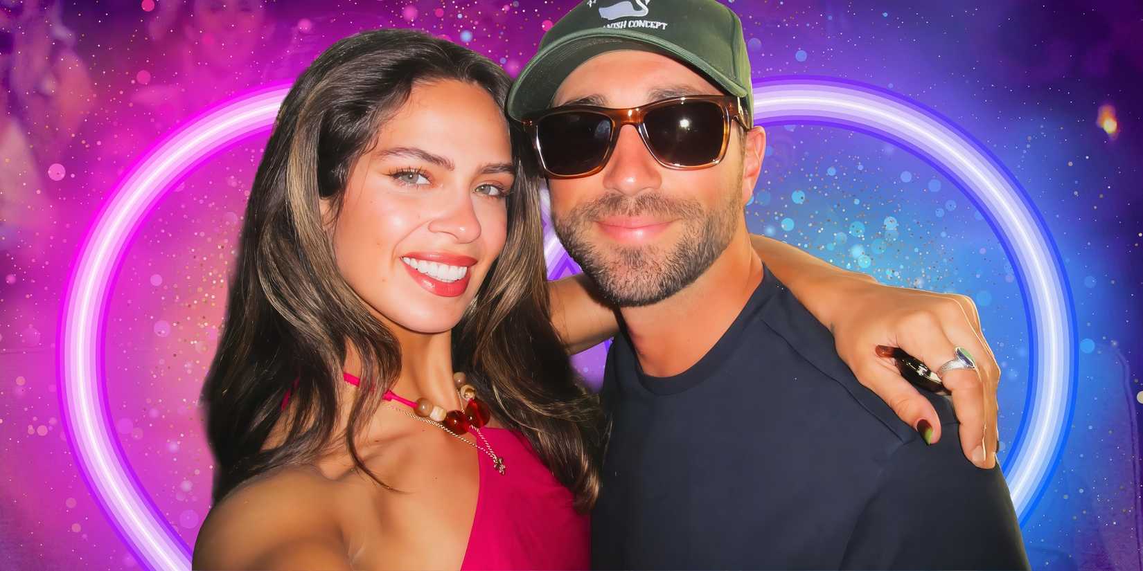 the bachelor stars kelsey anderson and joey graziadei in montage with her smilng and him in sunglasses