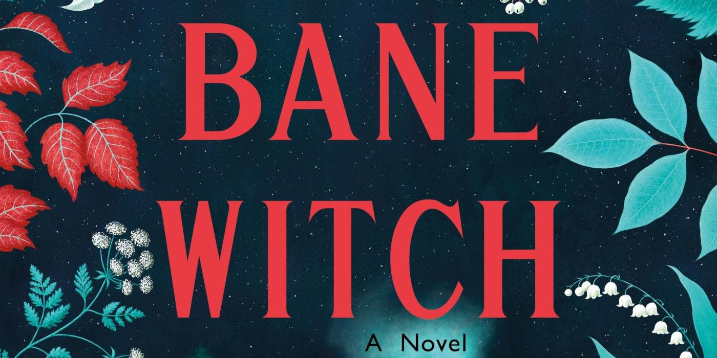 The bane witch cover with the text of the title in pink, a dark blue background and blue and pink leaves