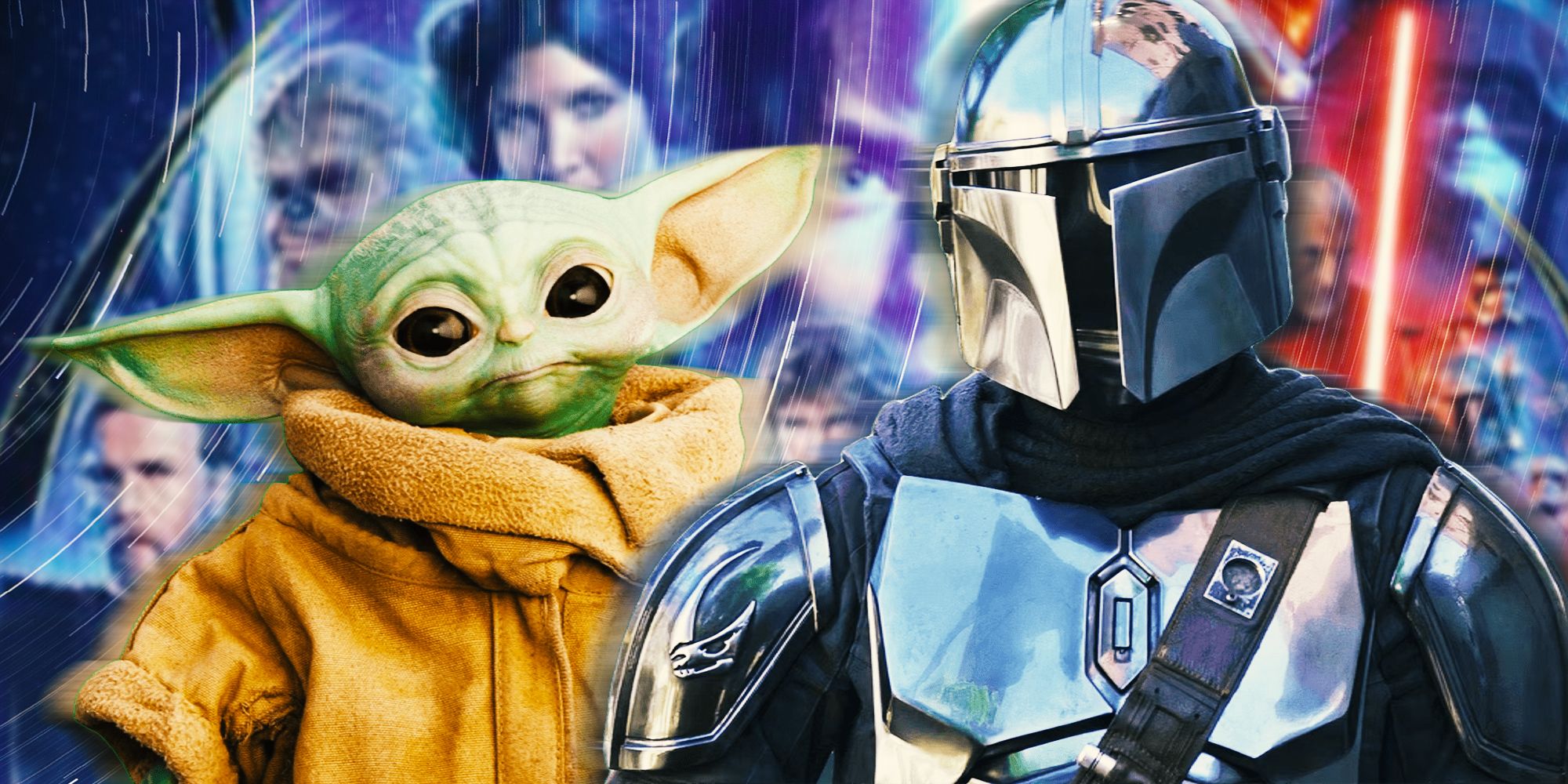 Din Djarin and Grogu in front of an image of the Skywalker Saga