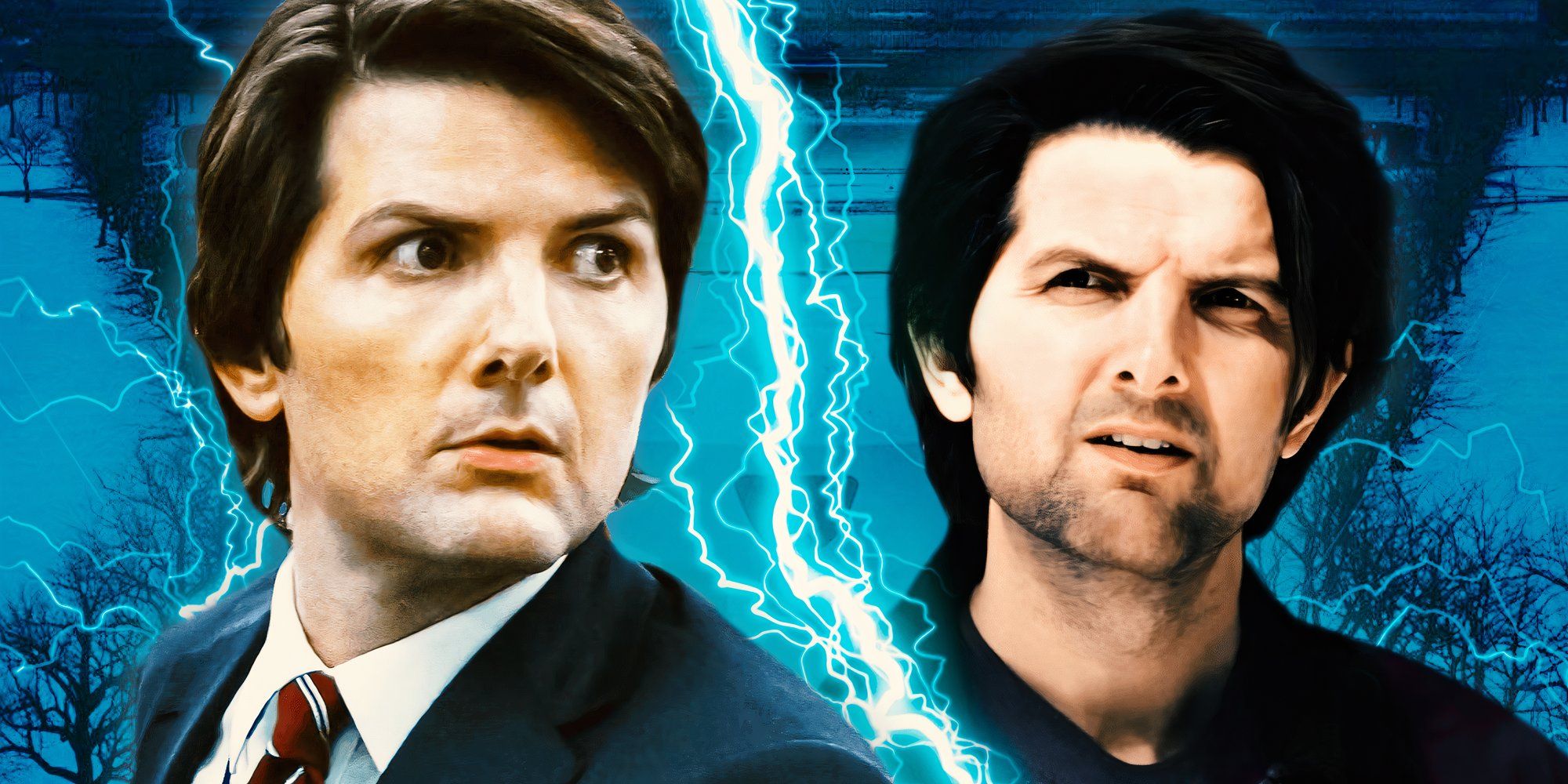 Innie Mark looking shocked next to Outie Mark looking confused in Severance season 2 (2025) either side of a lightning bolt divide