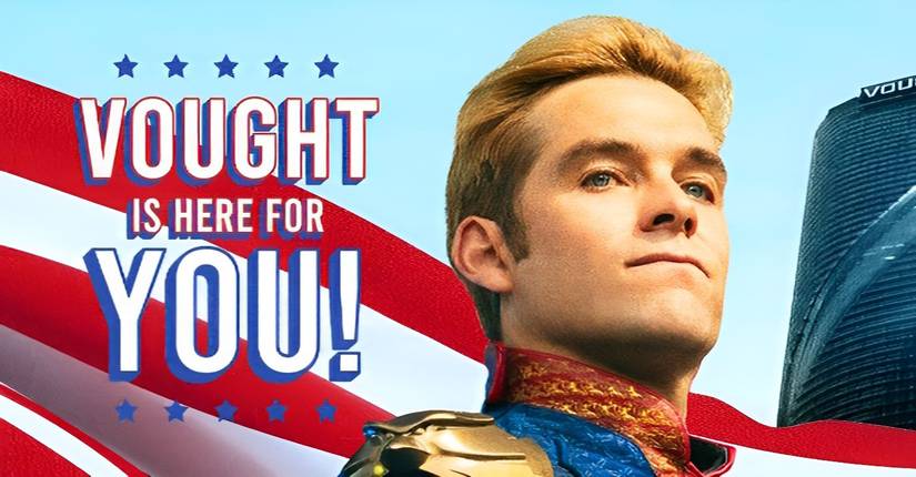 Homelander next to text that reads "Vought Is Here For You"