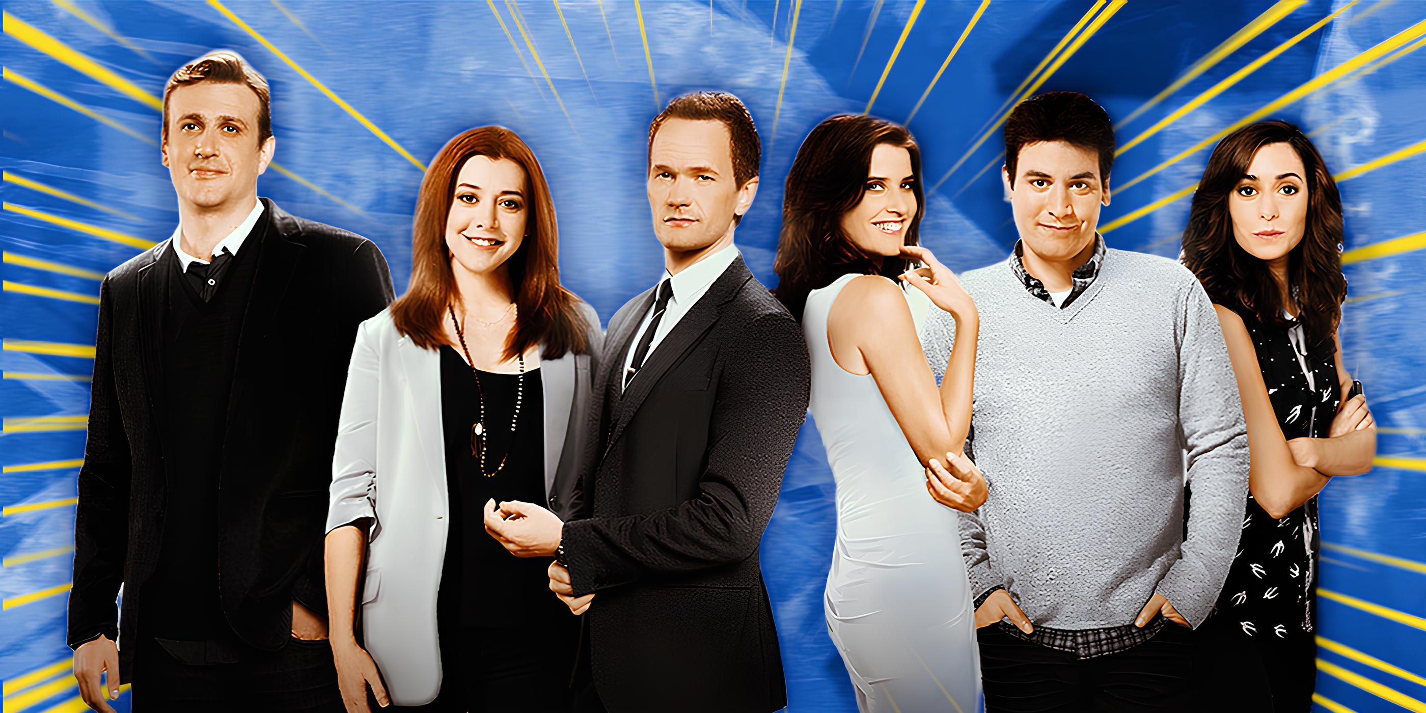 The Cast of How I Met Your Mother in Front of a Yellow and Blue Background
