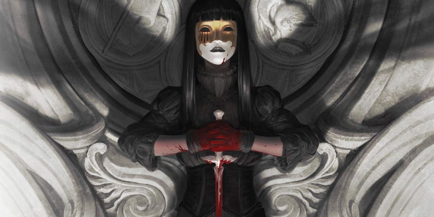 The Cover Of Nevernight By Jay Kristoff featuring a woman with bloody hands holding a sword and wearing a mask