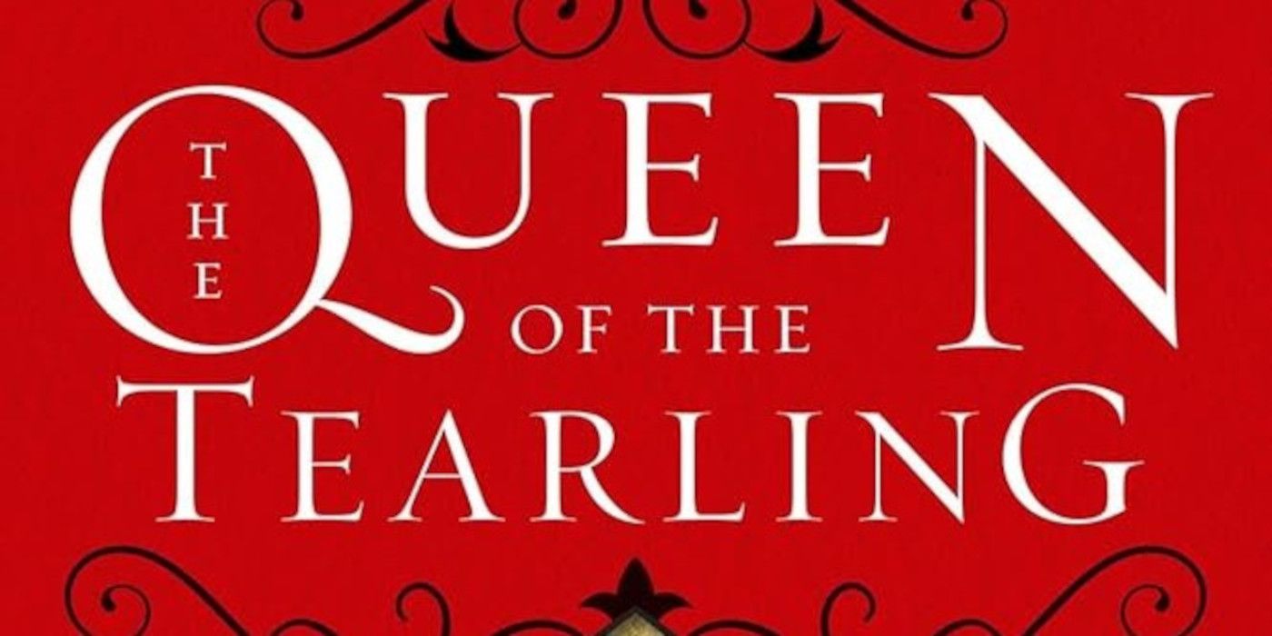 The Cover Of Queen Of The Tearling featuring the title text in white, black designs, and a red background