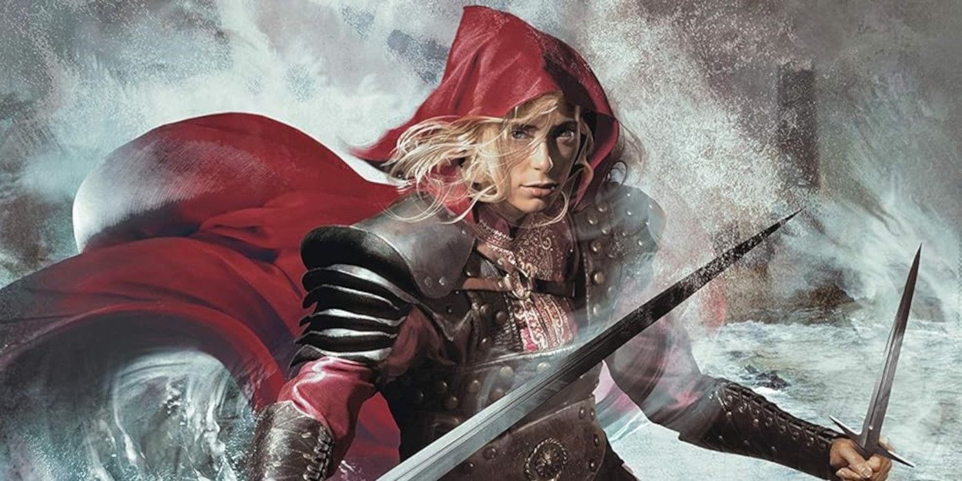The Cover Of Truthwitch By Susan Dennard featuring a blonde woman with a red cloak, armor, and two swords