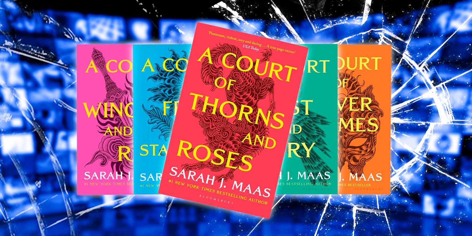The cover of A Court of Thorns & Roses with all four sequels behind it and a blue background that's cracked like glass