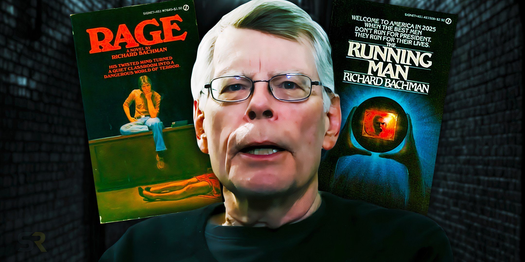 Stephen King on a background of two of his Richard Bachman books, Rage and The Running ManStephen King on a background of two of his Richard Bachman books, Rage and The Running Man