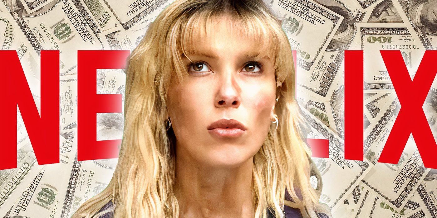 An edited image of Milly Bobby Brown in The Electric State with the Netflix logo and money in the background.