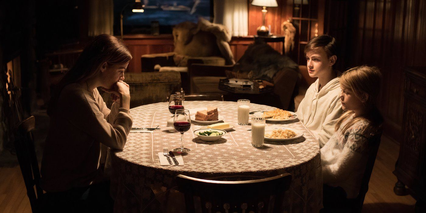 The Family Sat Around The Table In The 2019 horror movie The Lodge