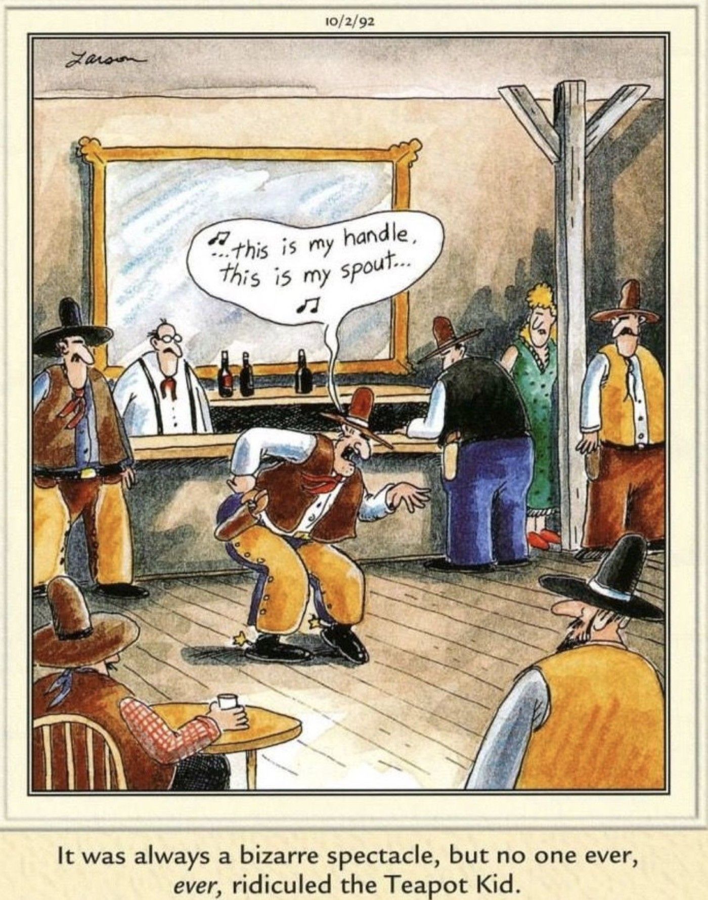 Cowboy che fa danza con teiera tra le mani mentre altri lo guardano senza giudizio