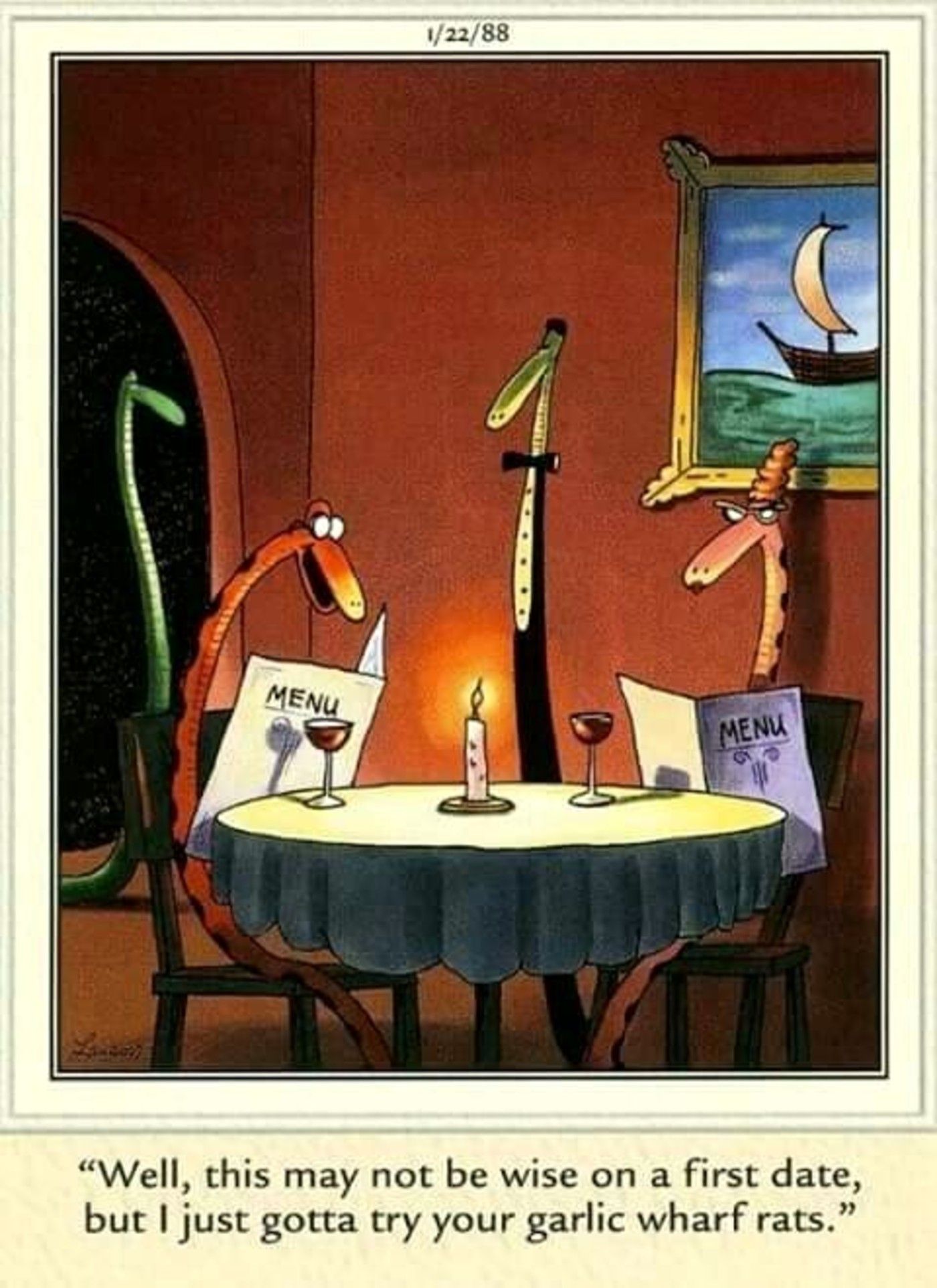 The Far Side, a snake orders garlic wharf rats on a first date with another snake
