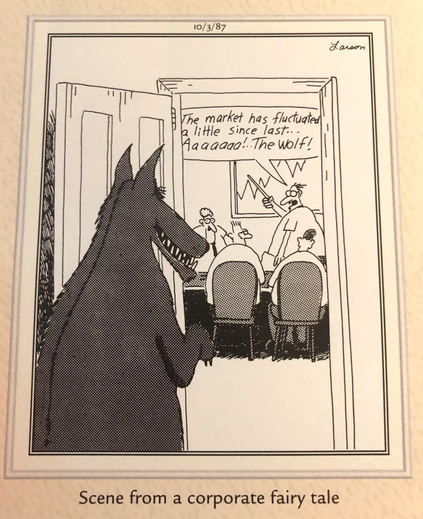 The Far Side, a wolf approaches a business meeting and shocks the employees