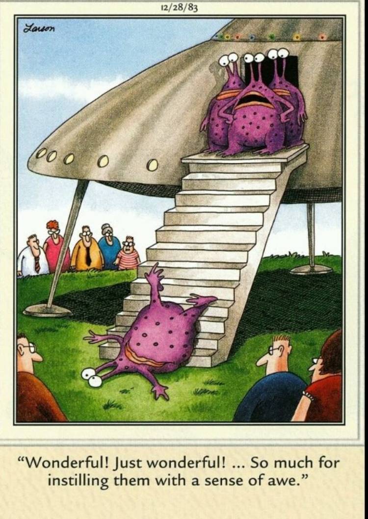 The Far Side, an alien falls down the ship's stairs in front of humans and ruins their entrance
