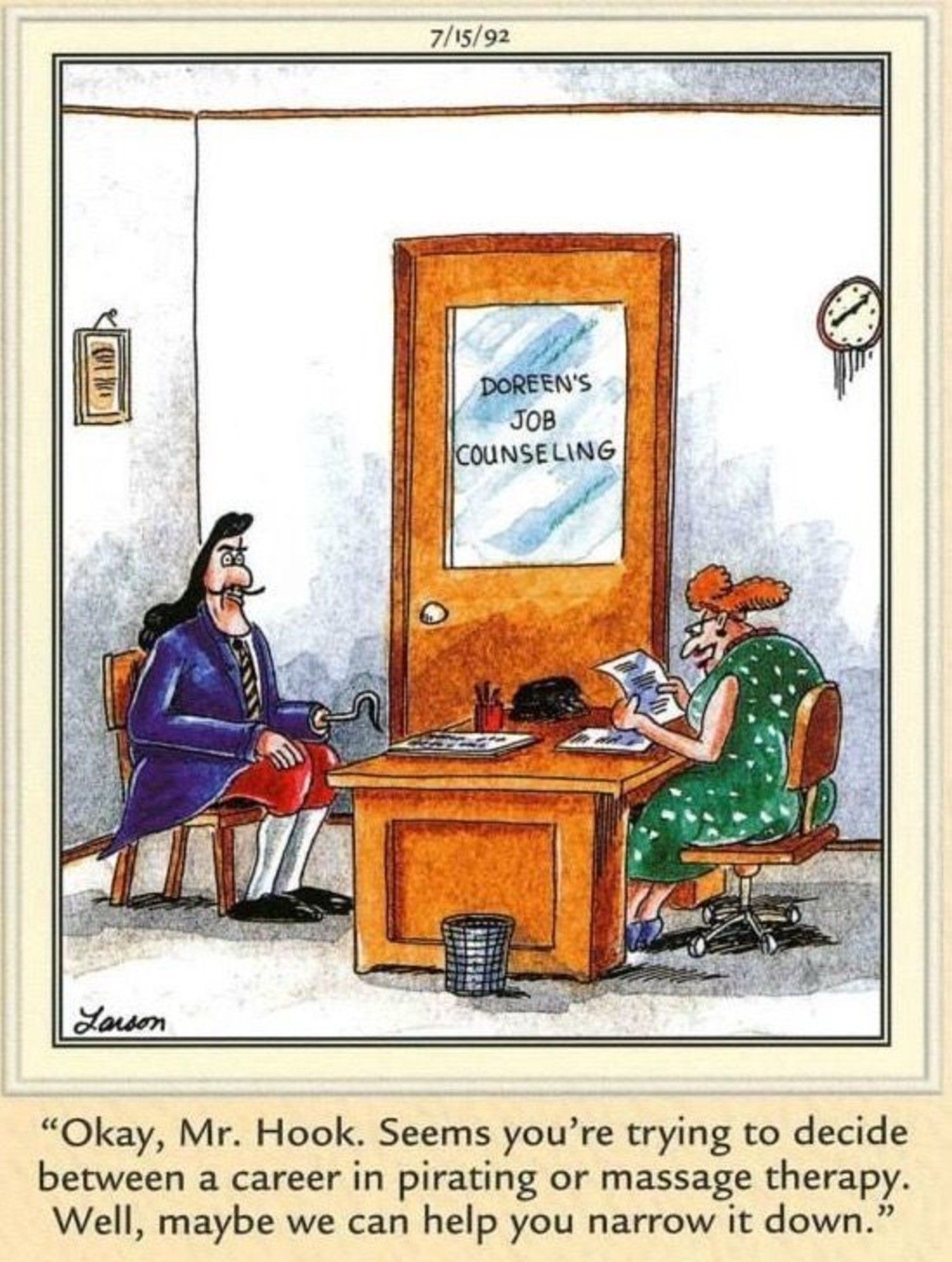 The Far Side, Captain Hook is torn between a career in pirating or massage therapy at job counseling
