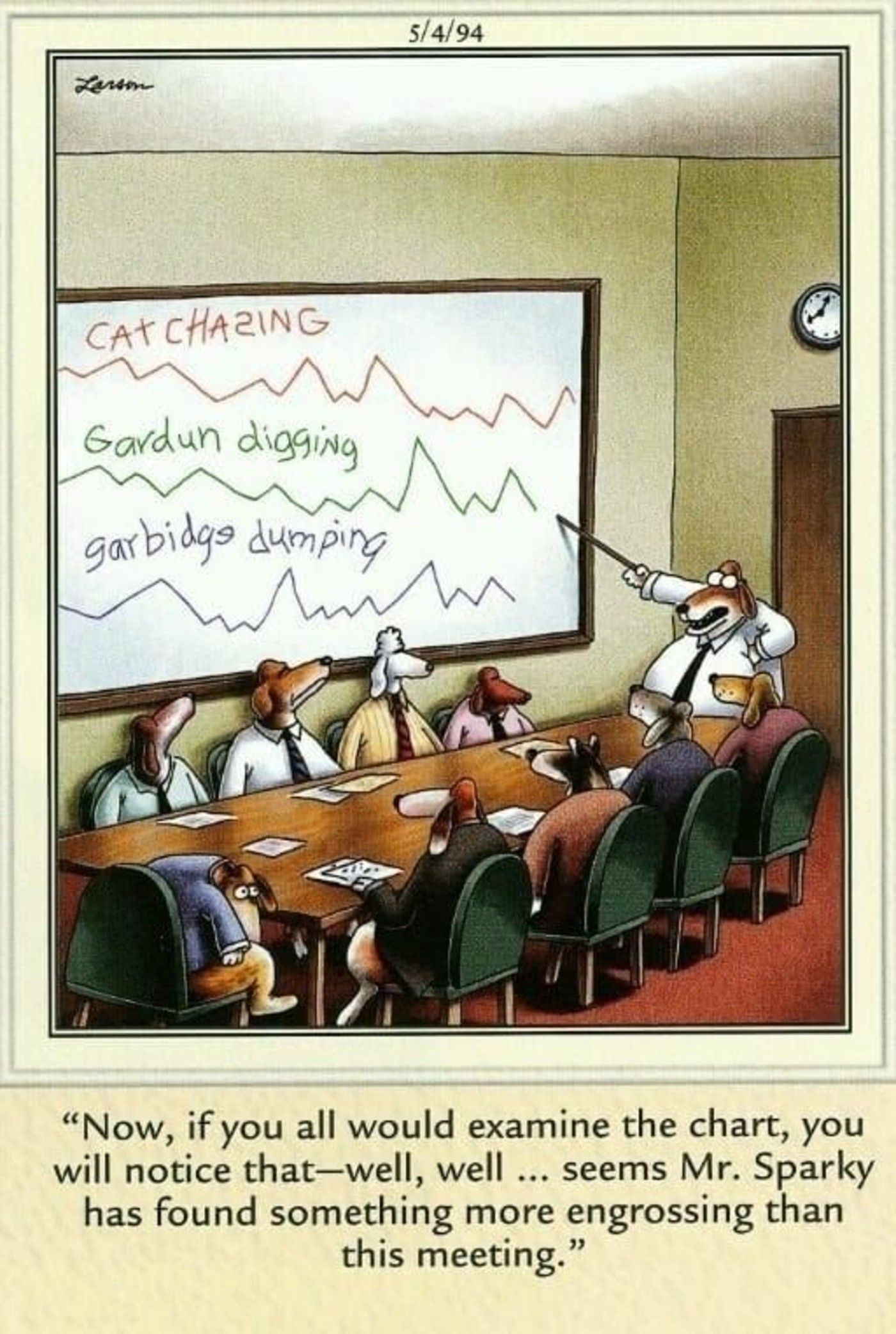 The Far Side, dogs at a conference as one gets distracted by licking his private parts