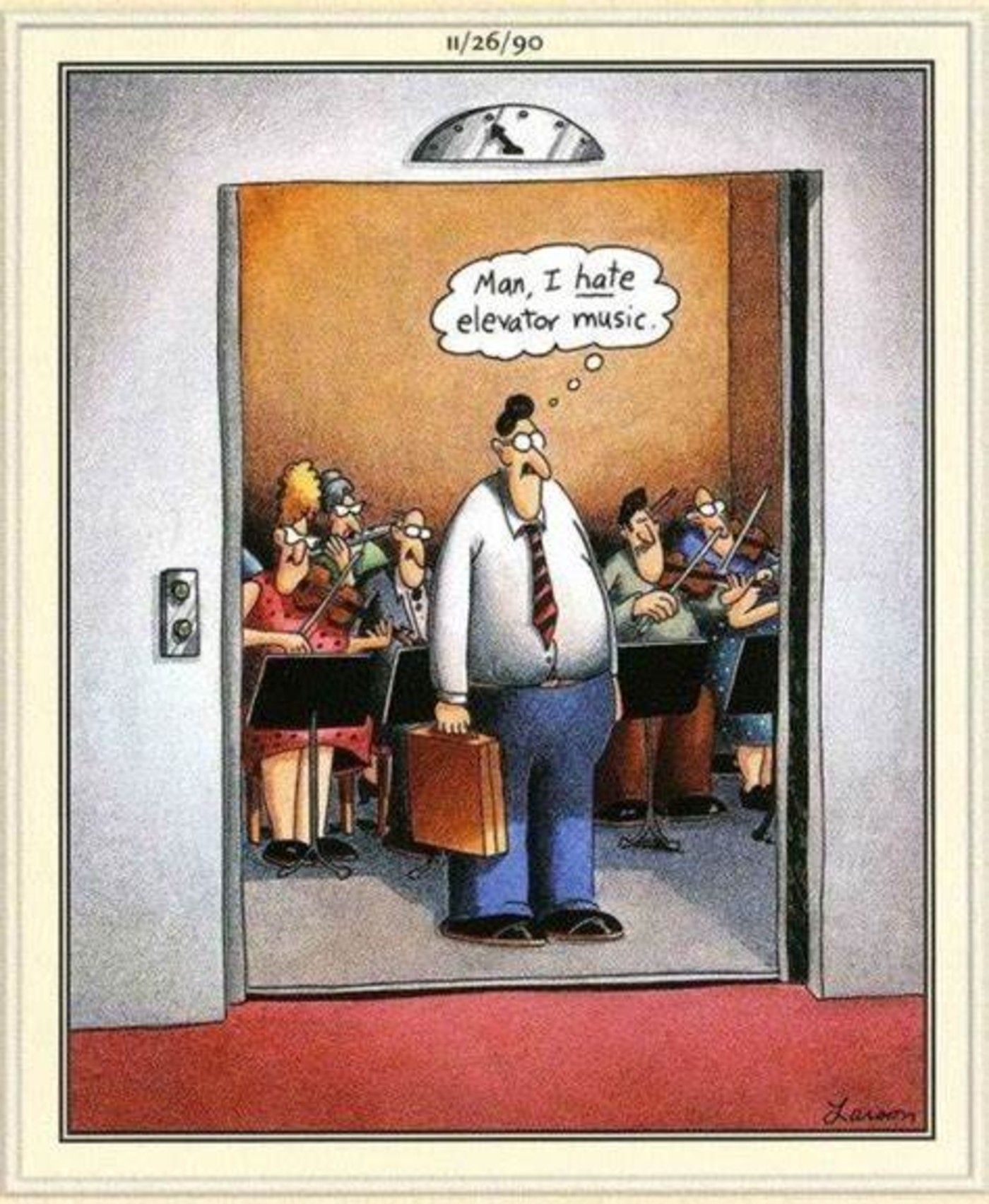The Far SIde, man thinks about how he hates elevator music as the elevator has a full orchestra